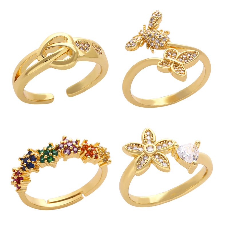 Fashion Inlaid Color Zircon Flower Ring Female Simple Personality Butterfly Bee Opening Copper Rings