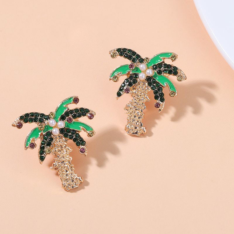 Korean Rhinestone Inlaid Earrings Metal Dripping Coconut Tree Earrings Wholesale