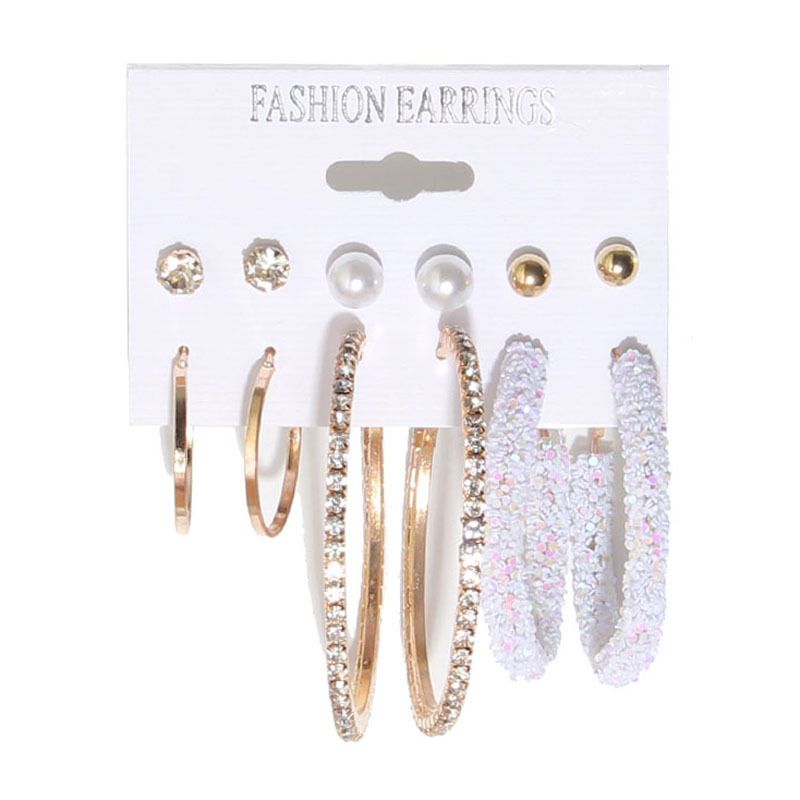 European And American 6 Pairs Of Earrings Set Sequins Rhinestone Big Earrings Wholesale