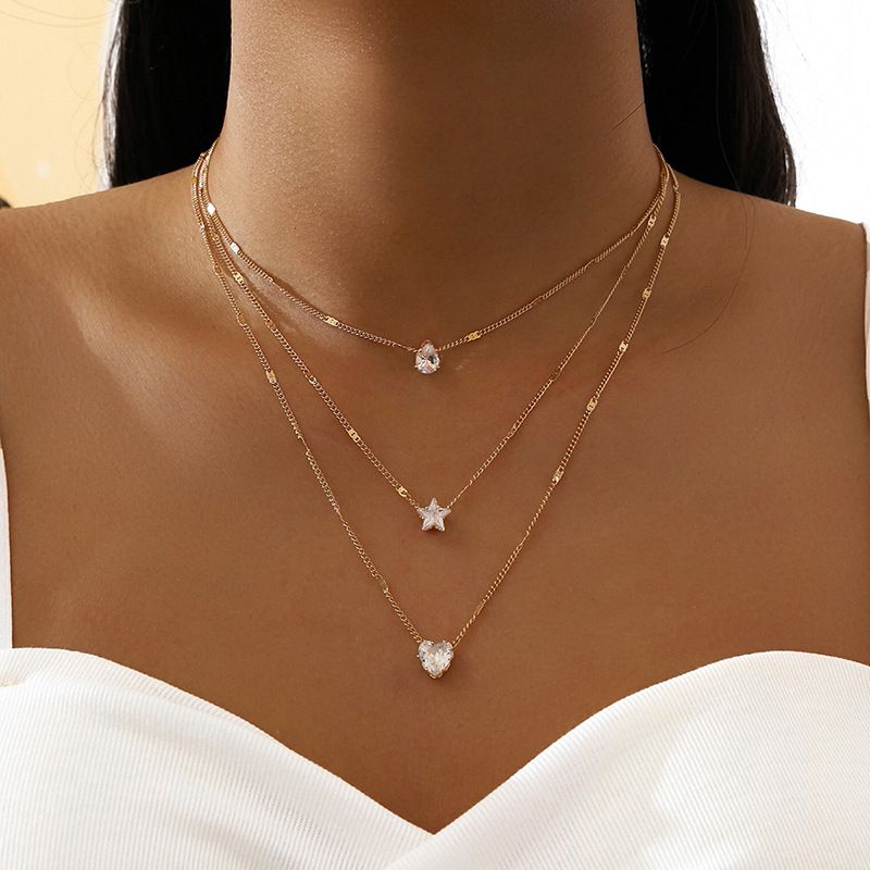 Fashion Simple Multi-layer Five-pointed Star Heart Drop Pendant Necklace