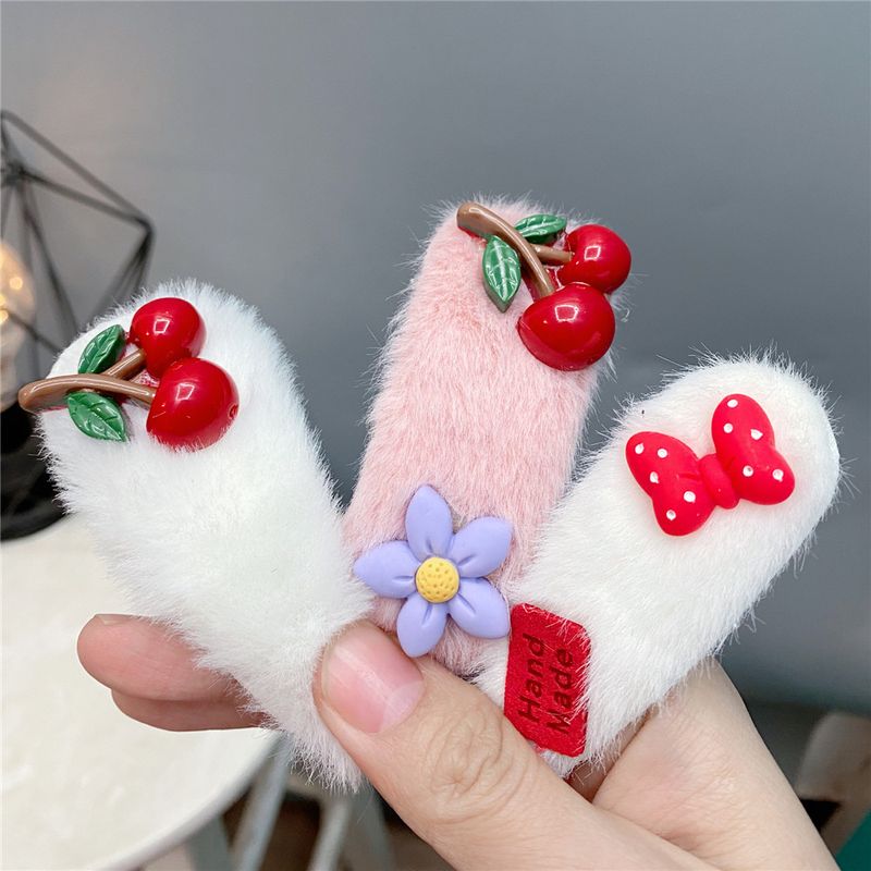 Winter Cute Furry Bb Clip Cherry Flower Color Matching Bow Hairpin