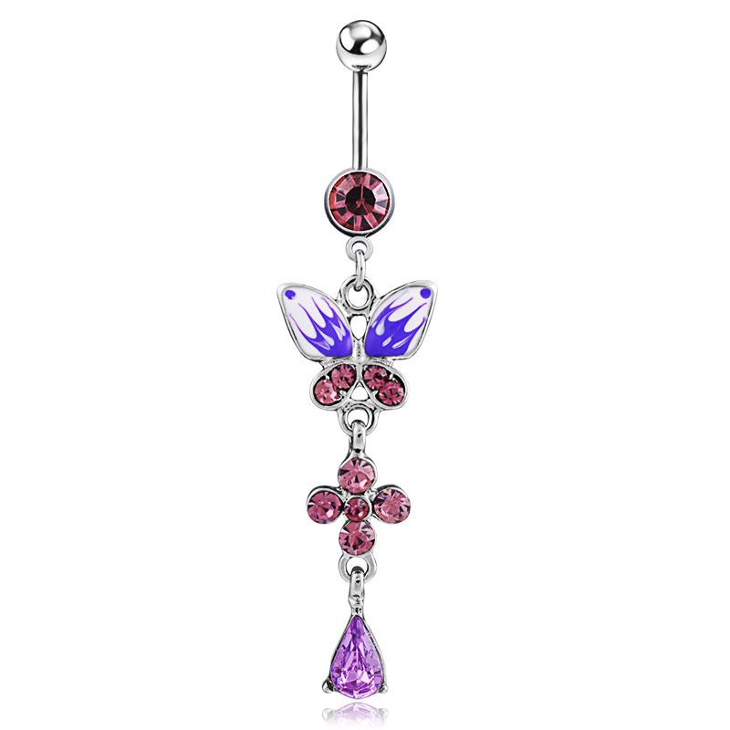Color Drill Drop Oil Drawing Purple Butterfly Stainless Steel Umbilical Nail
