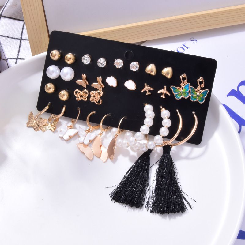 Fashion Heart Pearl 17 Pairs Stud Earrings Set Retro Butterfly Long Tassel Earrings