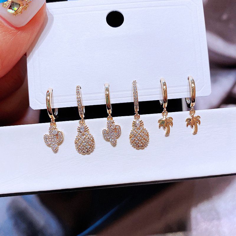 Exquisite Fashion Zircon Micro-inlaid Cactus Pineapple Coconut Copper Earrings Set