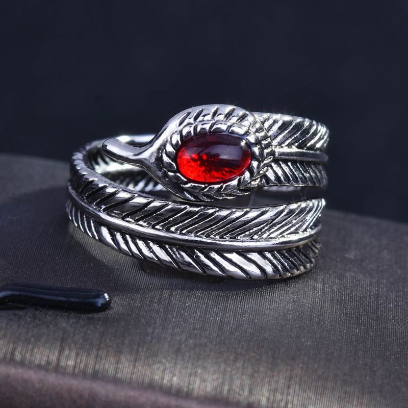 خاتم من الريش الفضة الإسترليني S925 مطلي بالماس الأحمر للرجال والنساء خاتم مفتوح