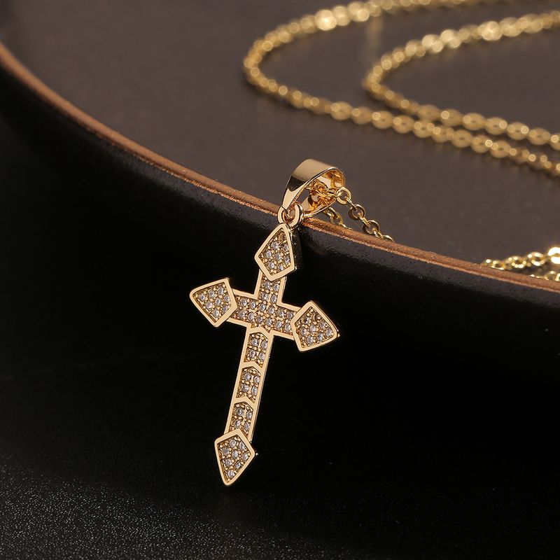 New Fashion Copper Inlaid Zircon Cross Pendant Necklace Sweater Chain Wholesale