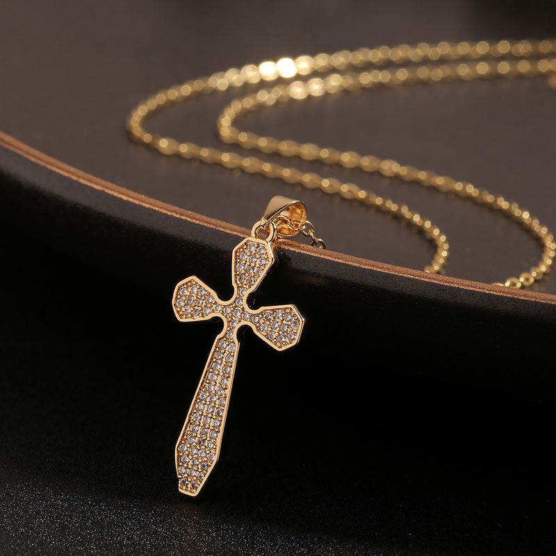 Simple Jewelry Copper Inlaid Zircon Cross Pendant Necklace Sweater Chain