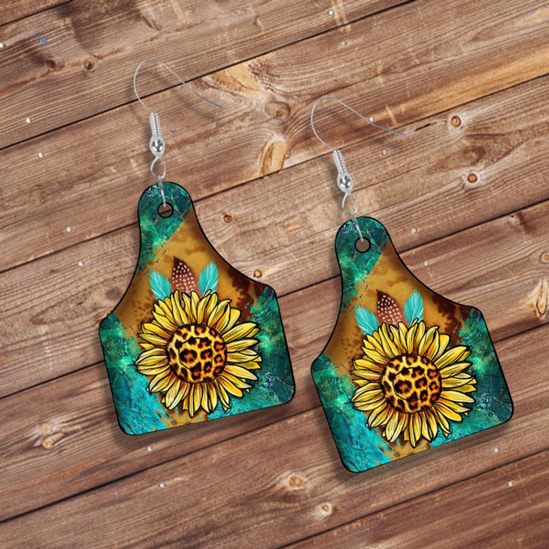 Retro Wüstenkaktus Sonnenblume Kuhkopf Doppelseitige Holzohrringe