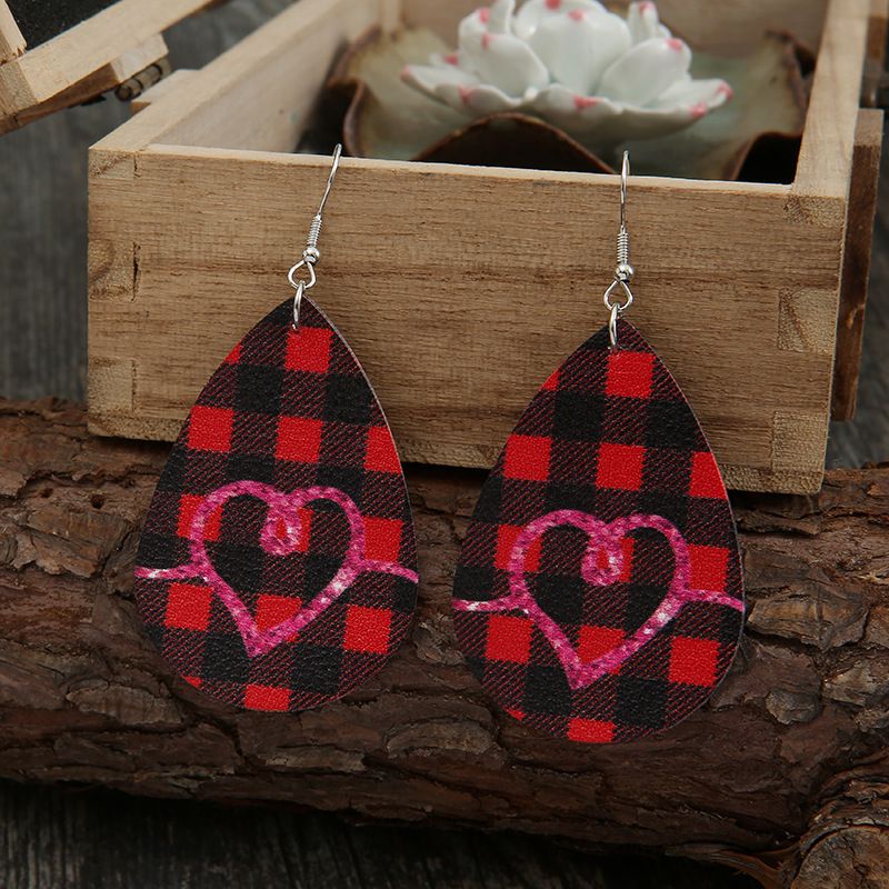 Valentine's Day Series Drop-shaped Red Lattice Leather Heart Earrings Wholesale