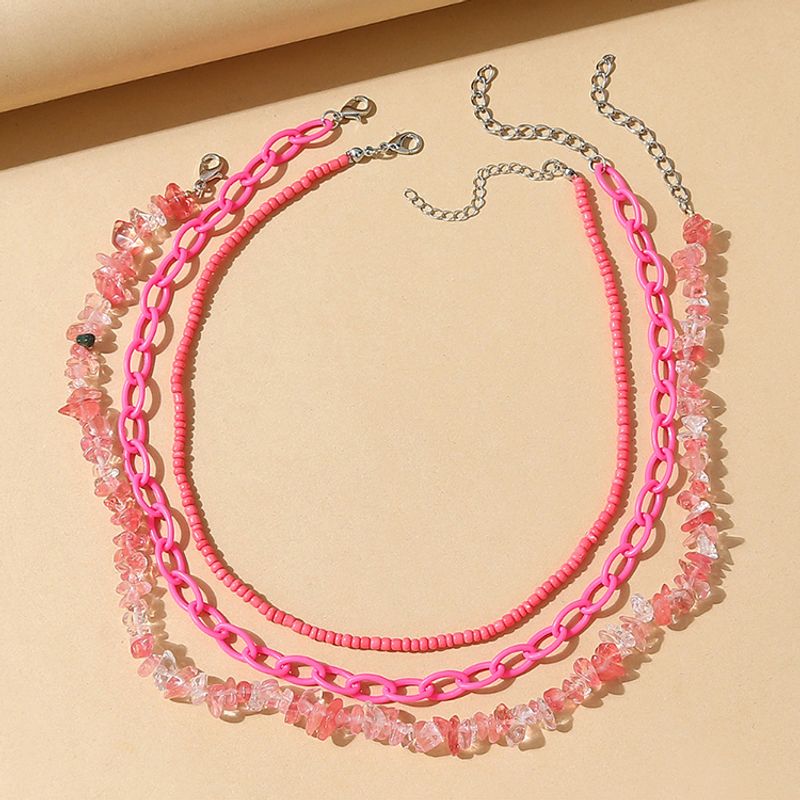 Ethnic Retro Sweet Pink Rice Beads Stone Resin Necklace Set