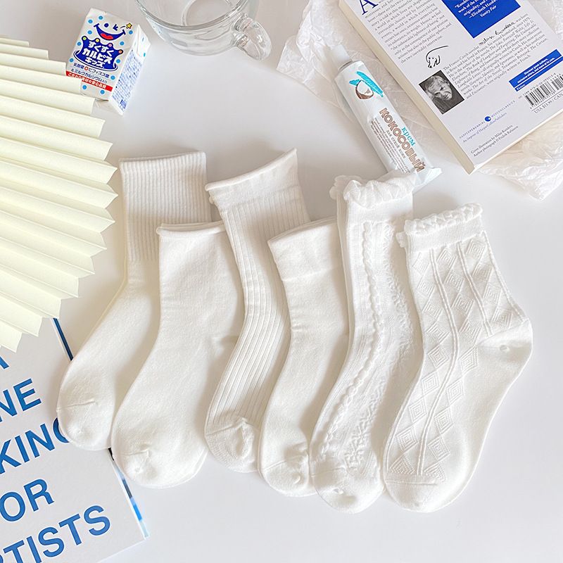Calcetines De Encaje Blanco De Moda Calcetines De Color Sólido Femeninos Calcetines De Algodón