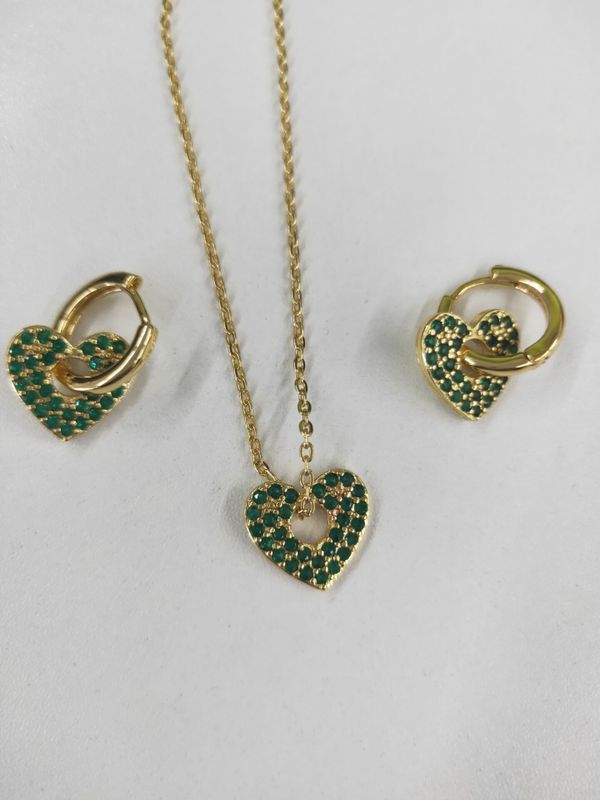 Heart Shape Earrings Necklace Set Copper Plated 18k Gold Love Green Zirconium Earrings Temperament Clavicle Chain