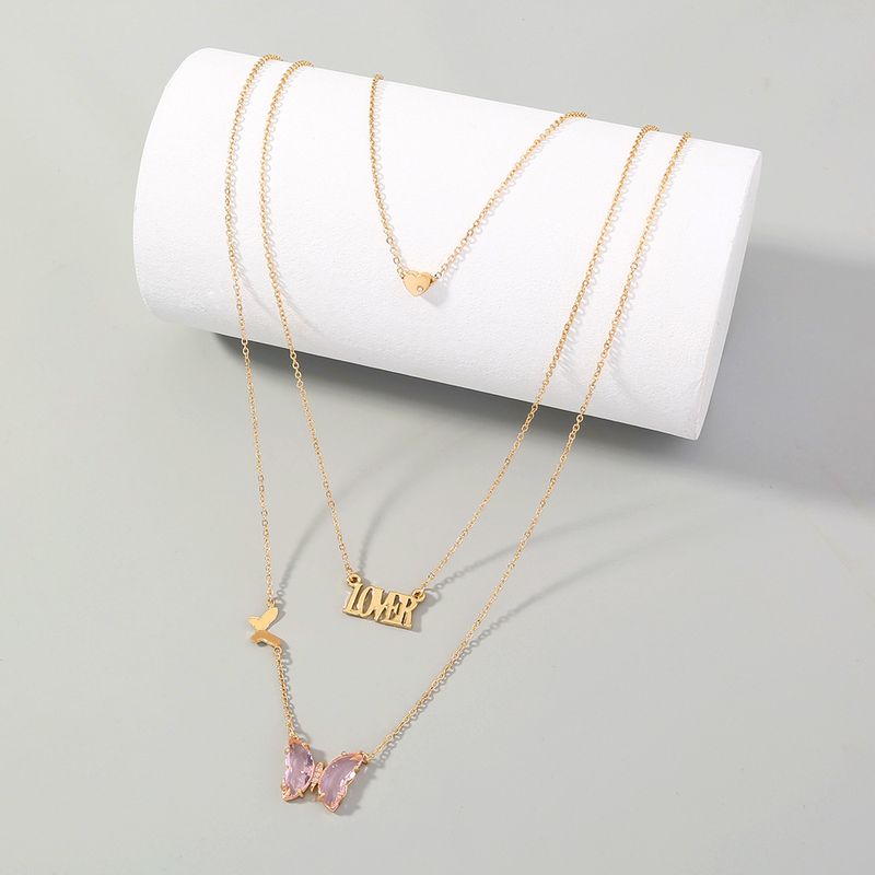 Zircon Pink Butterfly Lover Pendant Necklace Fashion Multilayer Necklace