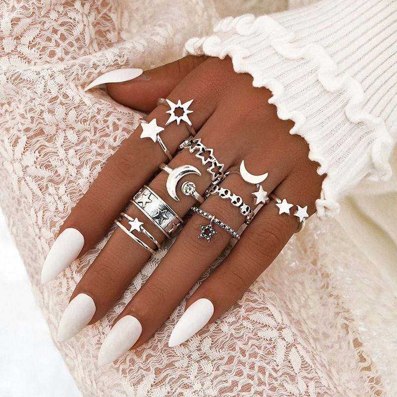 Personality Trend Five-pointed Star Moon Pendant Open Ring Ten-pieces Set