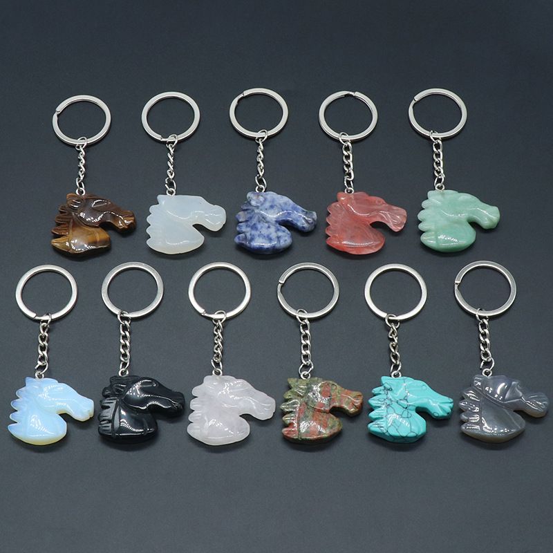 Natural Crystal Stone Horse Head Keychain Agate Stone Carved Animal Pendant
