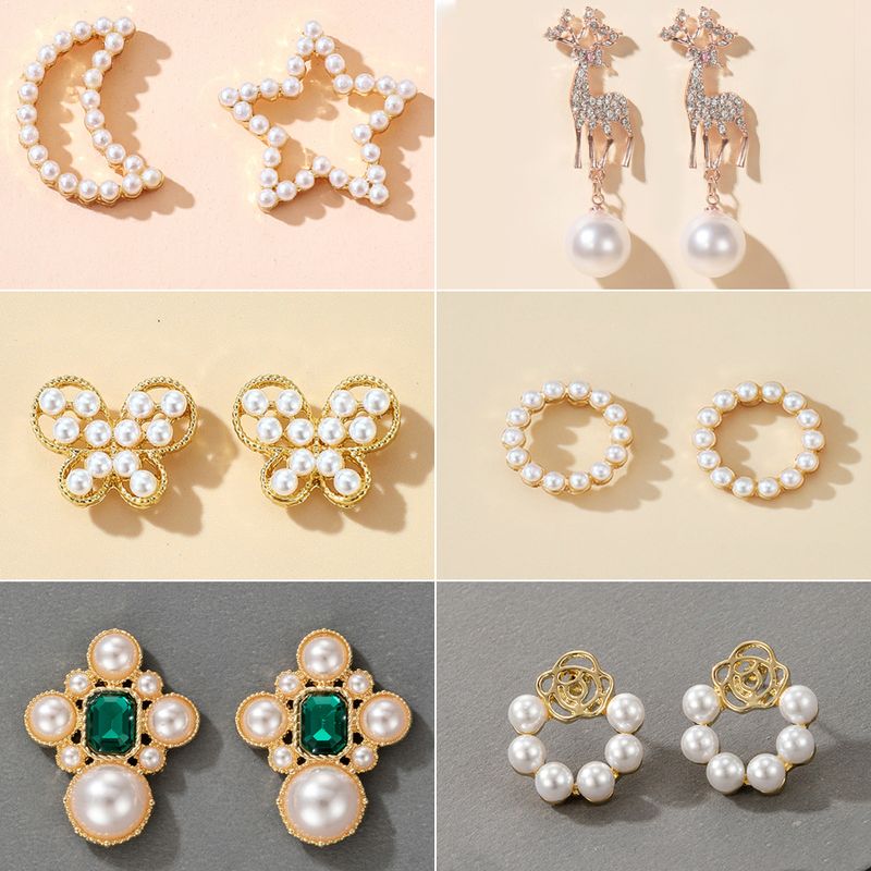 Pendientes De Perlas De Mariposa De Alces Coreanos Pendientes De Perlas De Círculo De Diamantes Pendientes