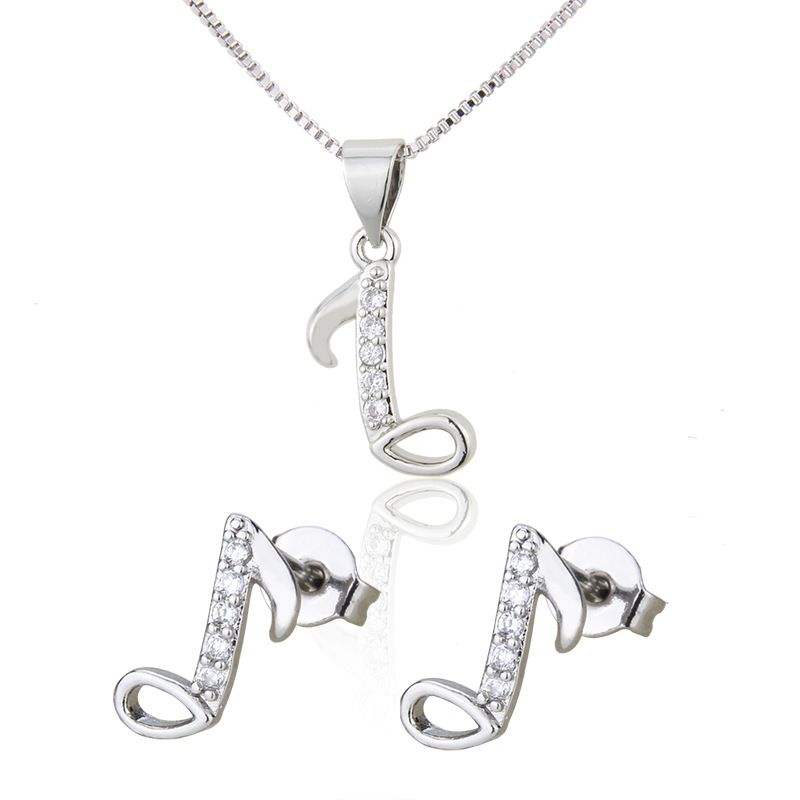 Simple Inlaid Zirconium Musical Note Necklace Earrings Set