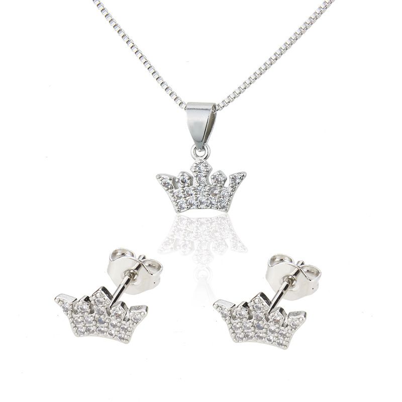 Simple Inlaid Zirconium Crown Necklace Earrings Set