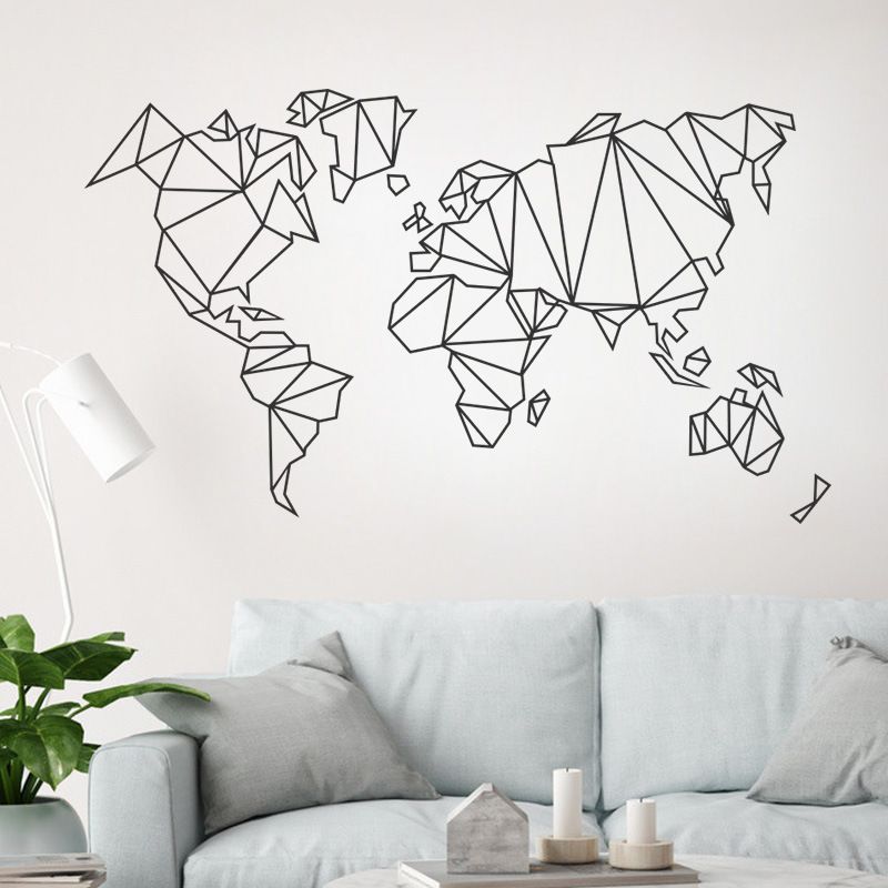New Simple Pure Black Geometric Lines Seven Continents Wall Stickers