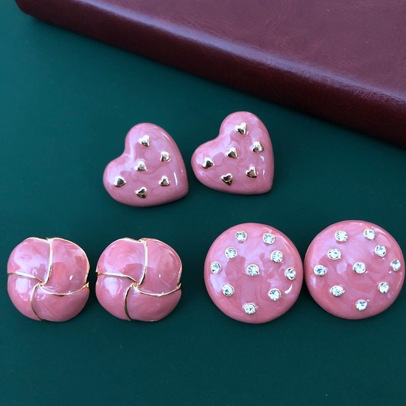 Pink Retro Round Heart Earrings