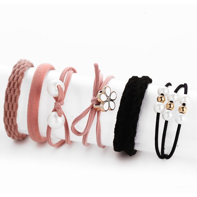 Creative Pearl Flower Pink Black Hair Rope Set Sets