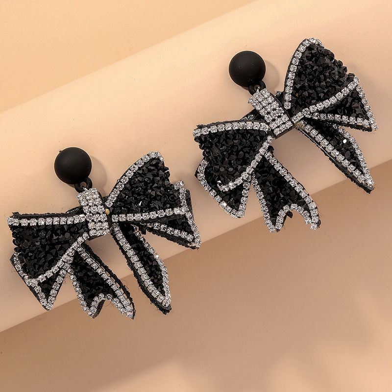 Black Fashion Flashing Diamond Bow Earrings