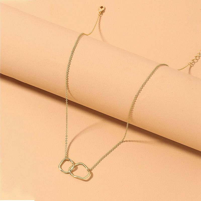 Metallic Geometric Double-ring Interlocking Pendant Necklace