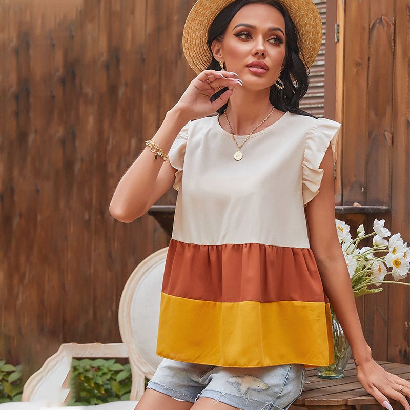 Spring New Three-color Stitching Round Neck Top
