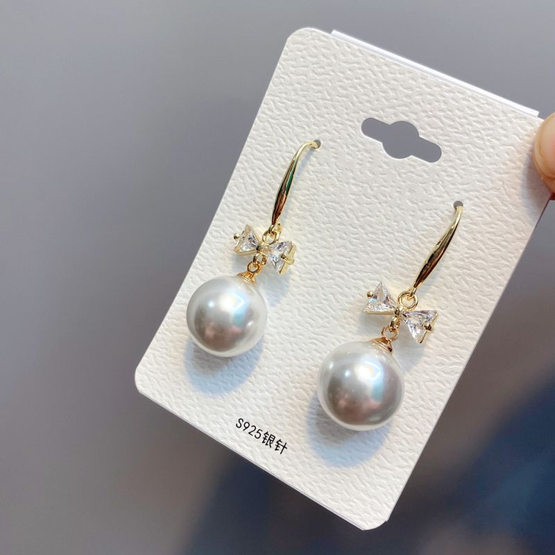 Zircon Bowknot Pearl 925 Silver Needle Earrings