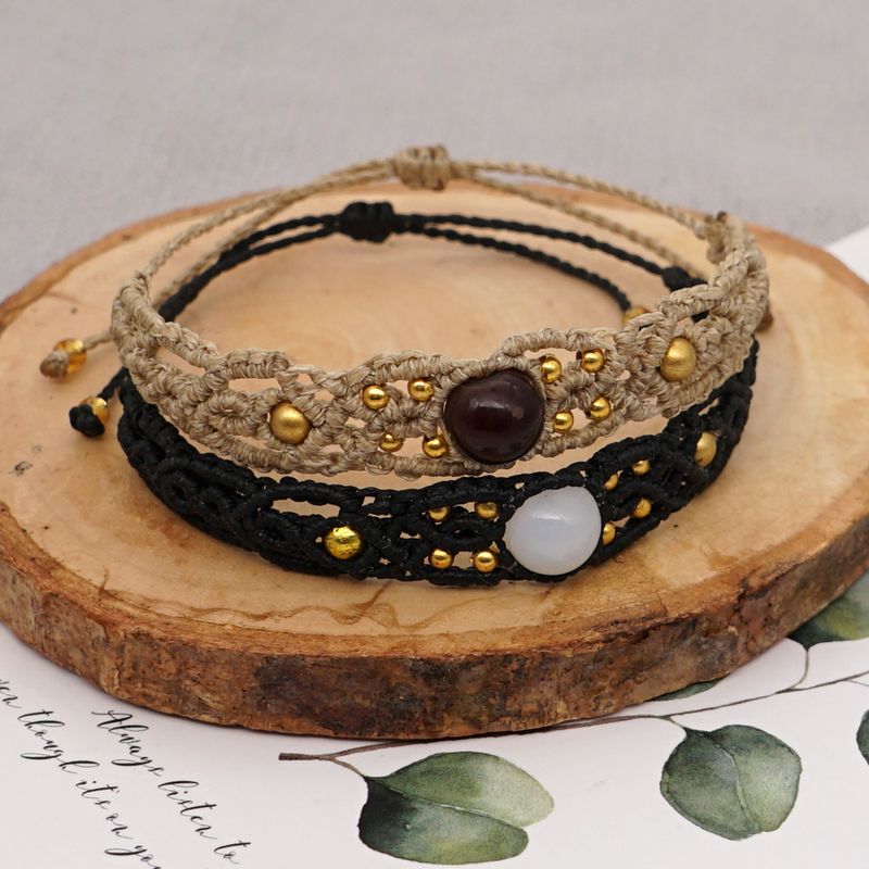 Ethnic Macrame Stone Beaded Wax Rope Woven Bracelet