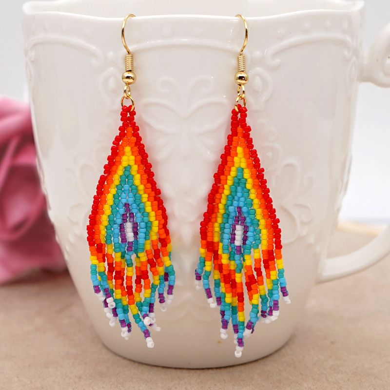 Bohemian Ethnic Style Rainbow Beaded Long Tassel Earrings