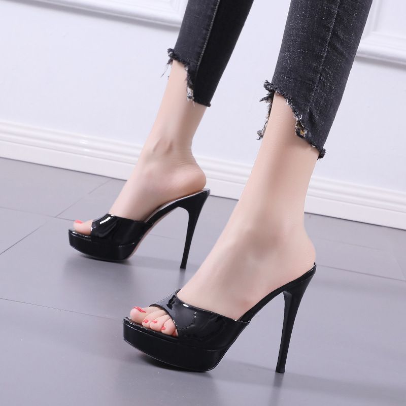 Patent Leather Stiletto Platform Open-toe Slippers