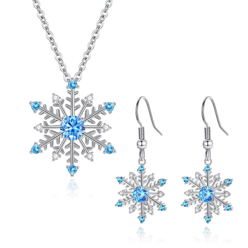 Simple Fashion Blue Zircon Snowflake Earrings Necklace Set
