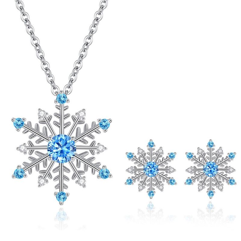 Conjunto De Collar De Aretes De Copo De Nieve De Circón Azul De Moda Simple
