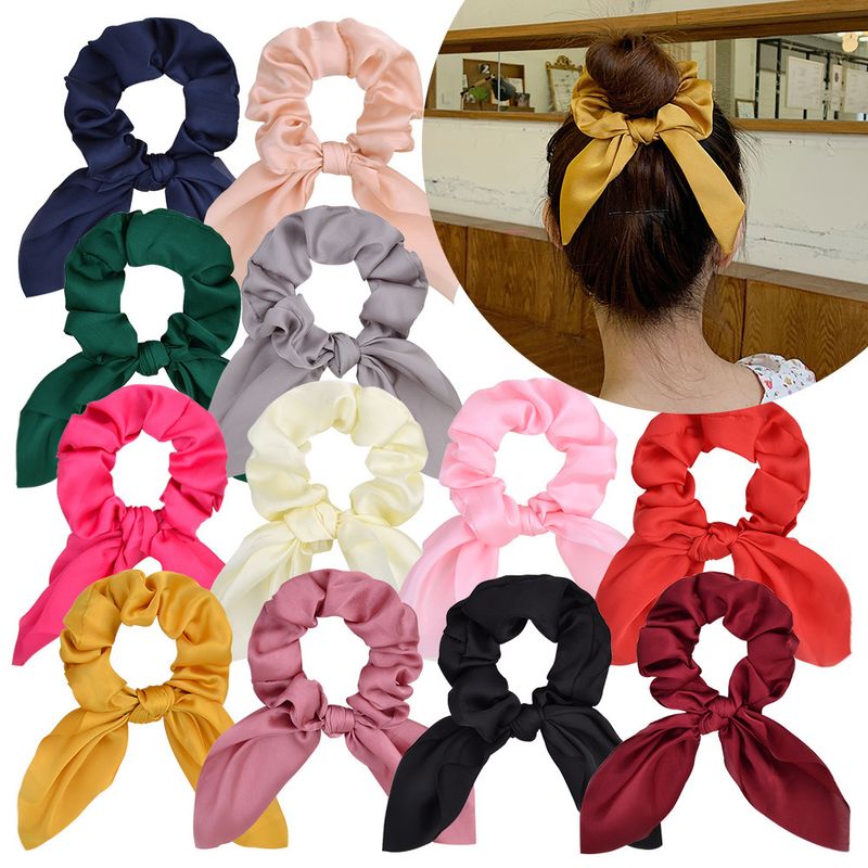 Cross-border New Arrival Streamer Hair Tie Simple Rabbit Ears Hair Rope 12 Colors Solid Color Satin Tassel Knotted Large Intestine Ring Headdress