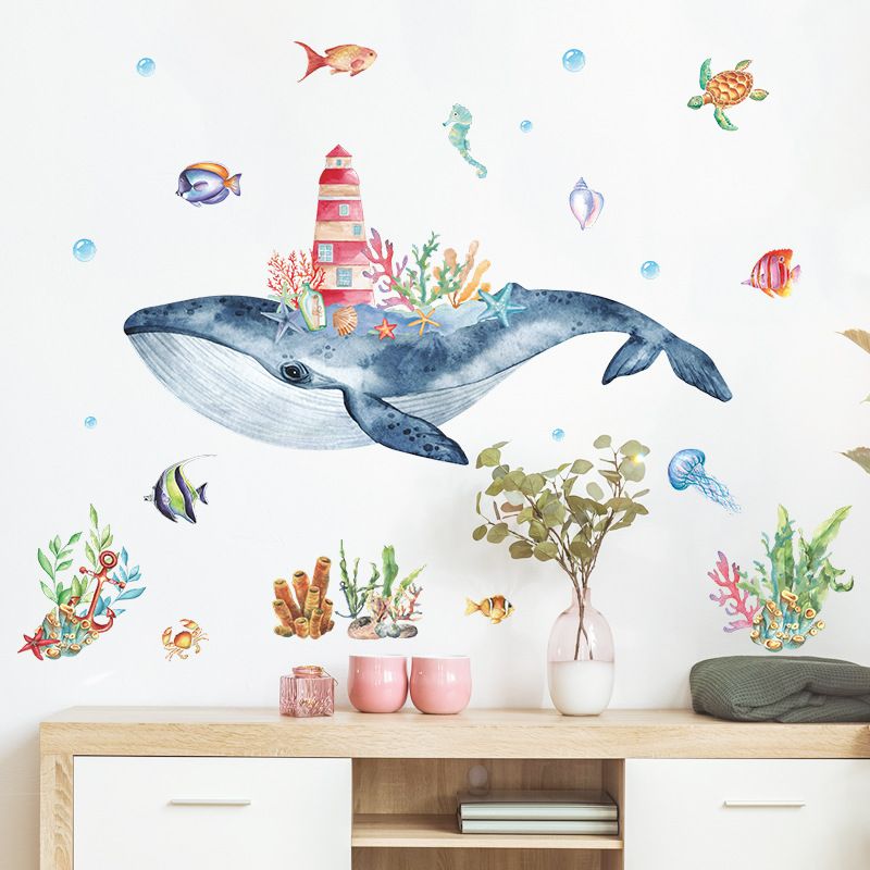 New Watercolor Seabed Whale Castle Wall Stickers