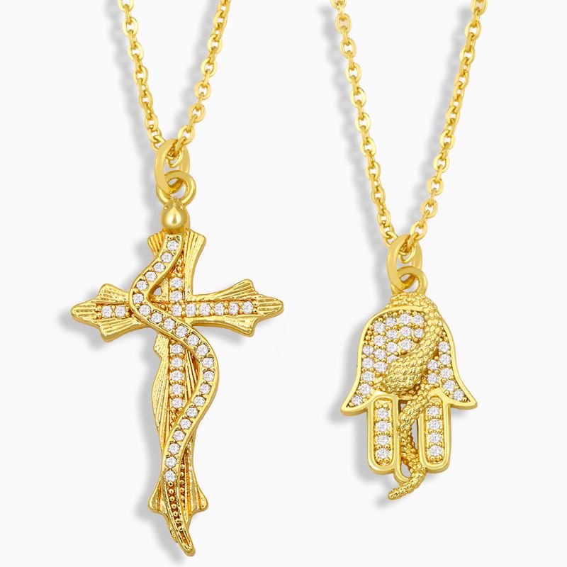 Snake Shape Cross Diamond Palm Pendant Necklace