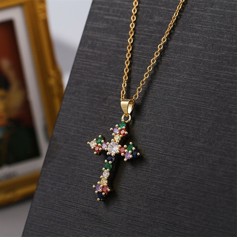 Colorful Cross Copper Inlaid Zirconium Necklace