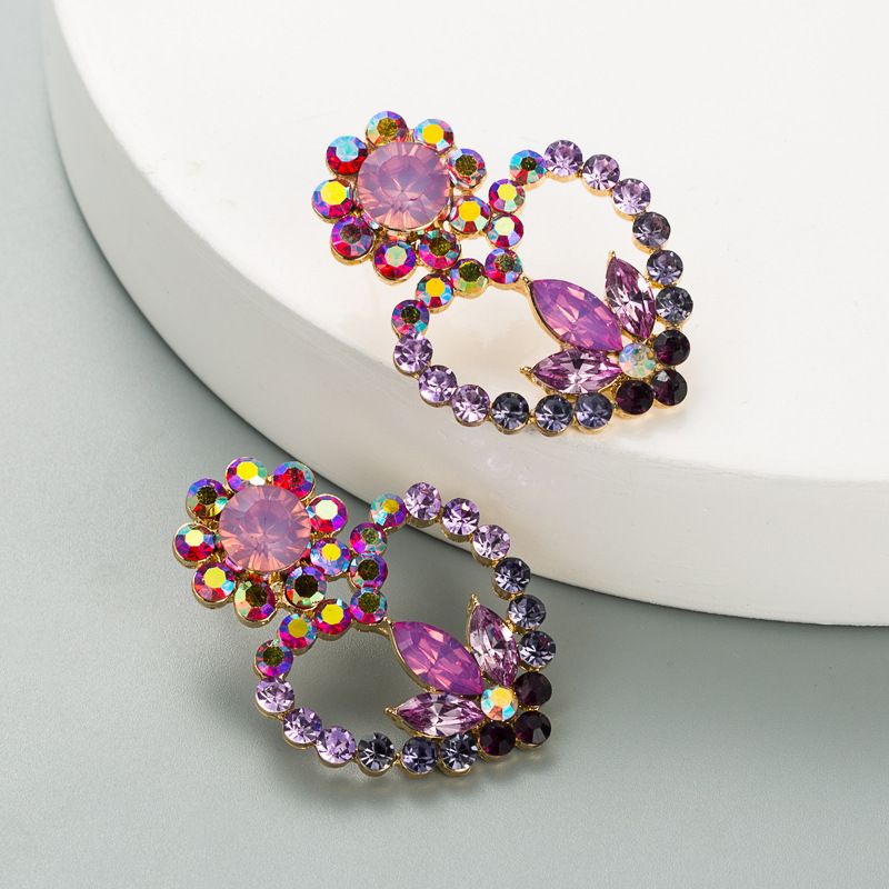 Hollow Heart-shaped Flower Alloy Diamond Earrings