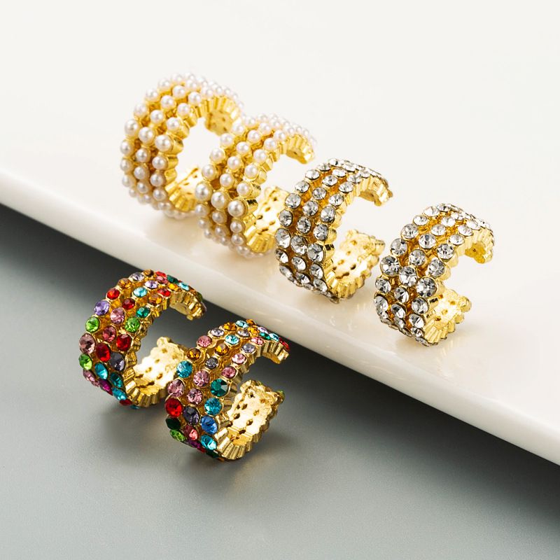 Fashion C Shape Diamond Alloy Artificial Gemstones Earrings
