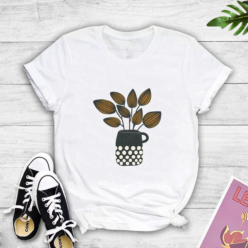 Teacup Flower Potted Print Casual T-shirt