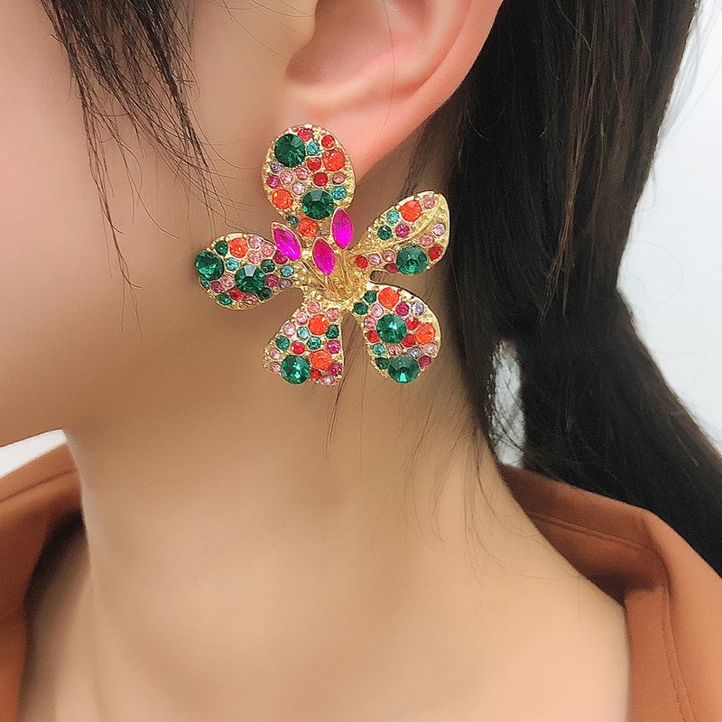 Geometric Color Flower Diamond Alloy Earrings