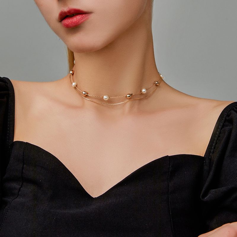 Simple Gold White Bead Double-layer Clavicle Chain