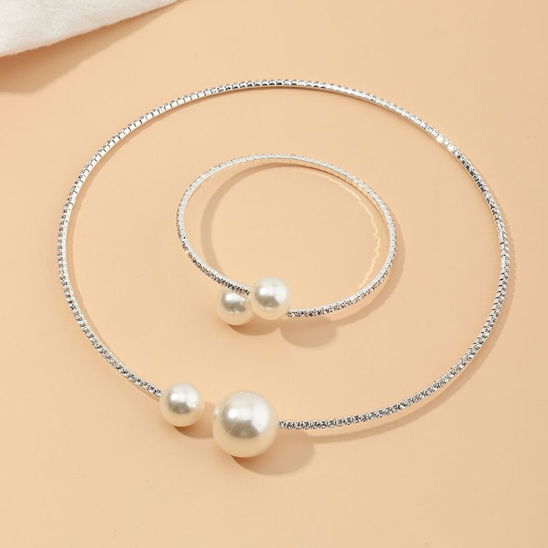 Fashion Pearl Diamond Wedding Necklace Bracelet Set