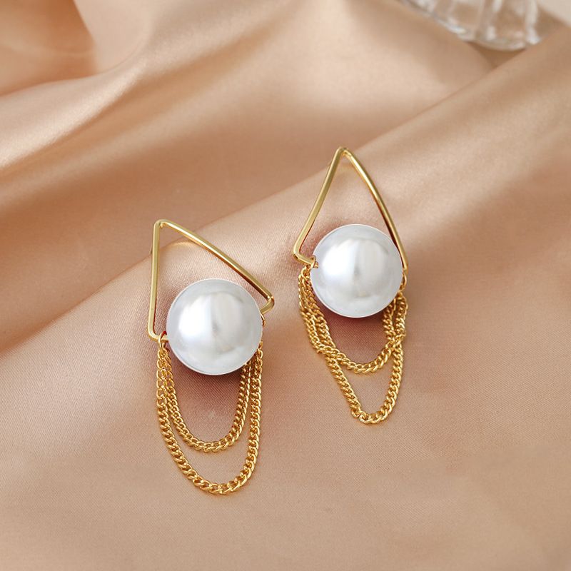 Boucles D&#39;oreilles Géométriques Triangle Pompon Perles De Corée