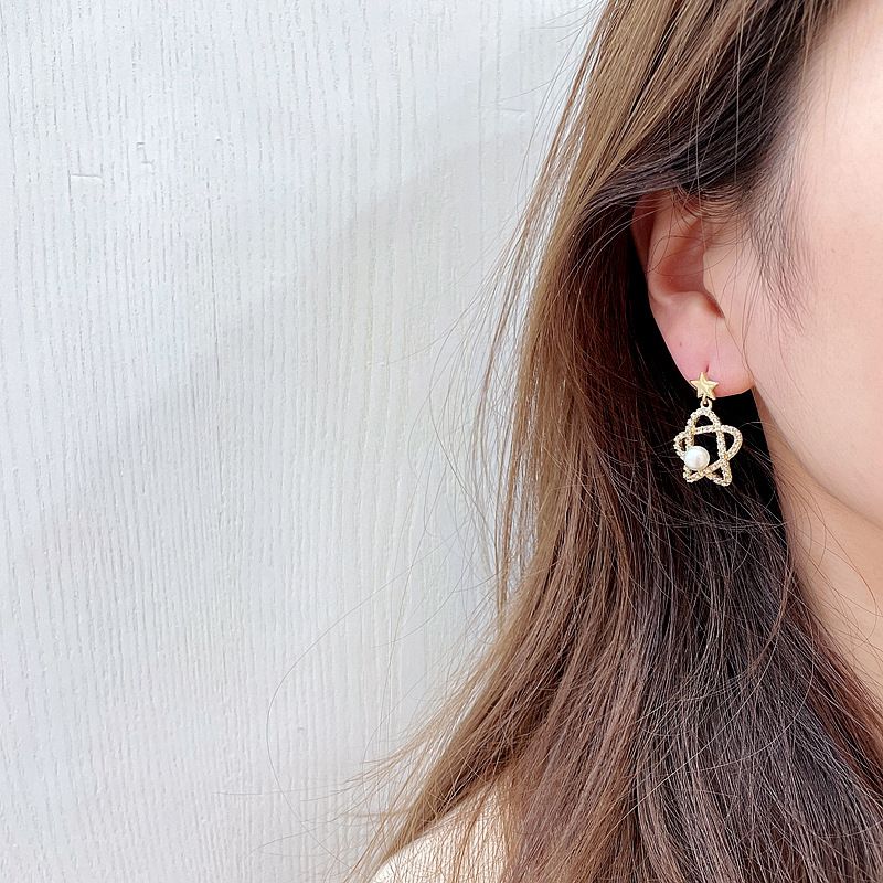 Korean Five-pointed Star Pearl Alloy Earrings