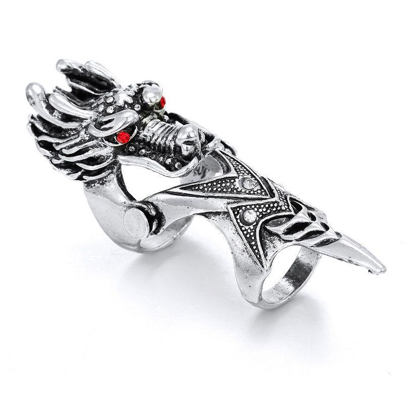 Anillo De Metal Largo Con Calavera Y Cabeza De Dragón Retro