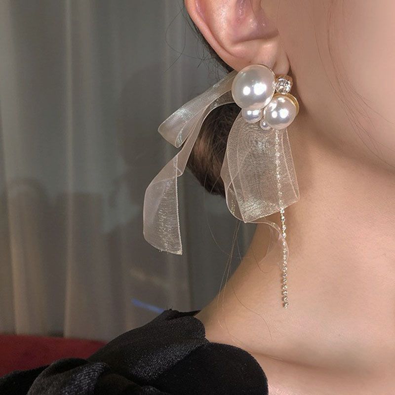 Bow Ribbon Tassel Pearl Earrings