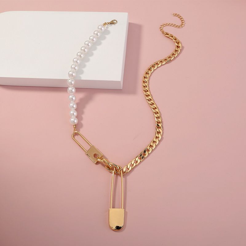 Fashion Stitching Pearl Pin Lock Pendant Necklace