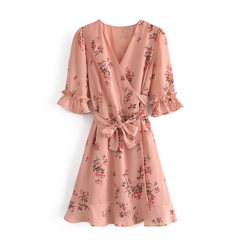 Flower V-neck Flounce Bandage Wrap Dress